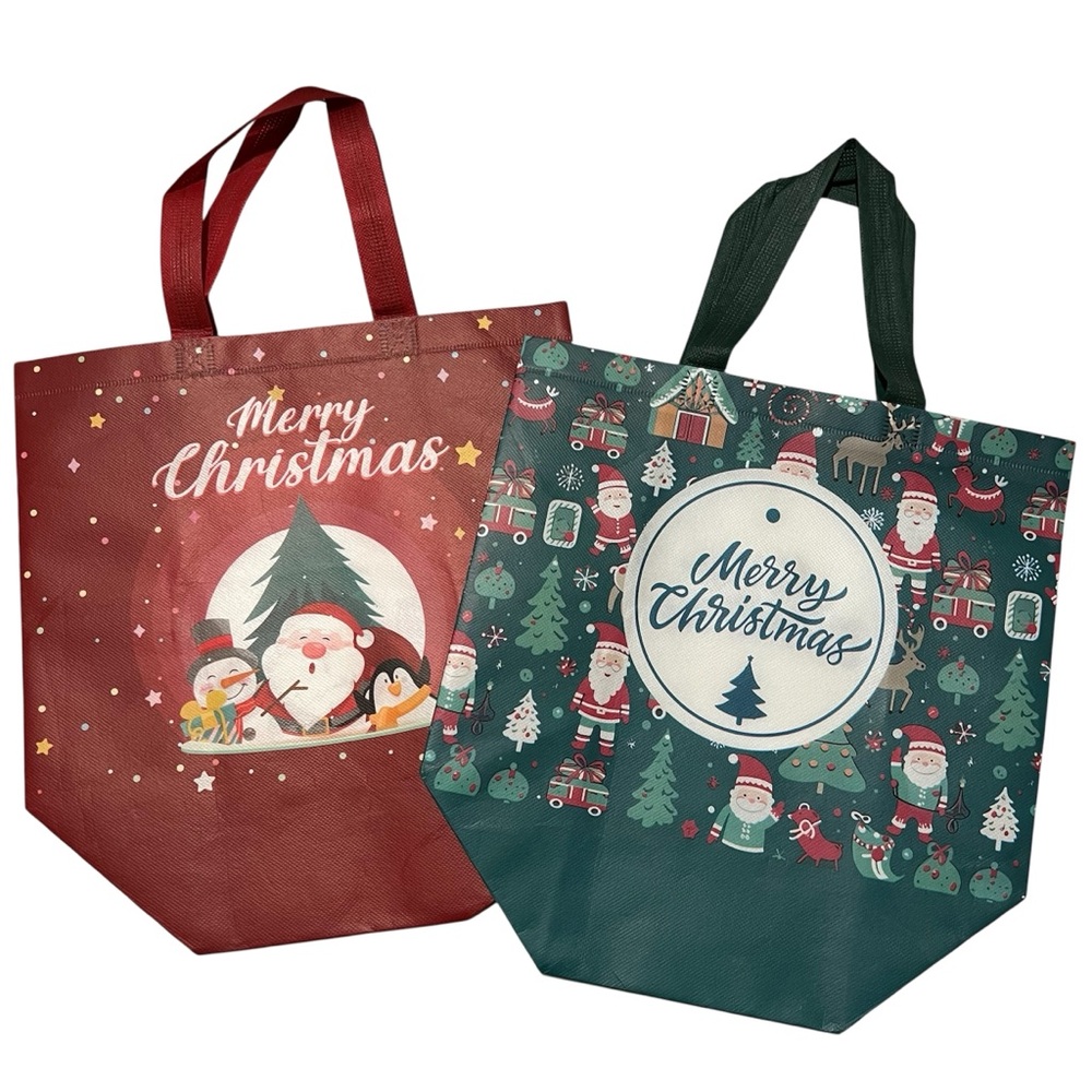 Two Christmas Themed Holiday Reusable Tote Bags